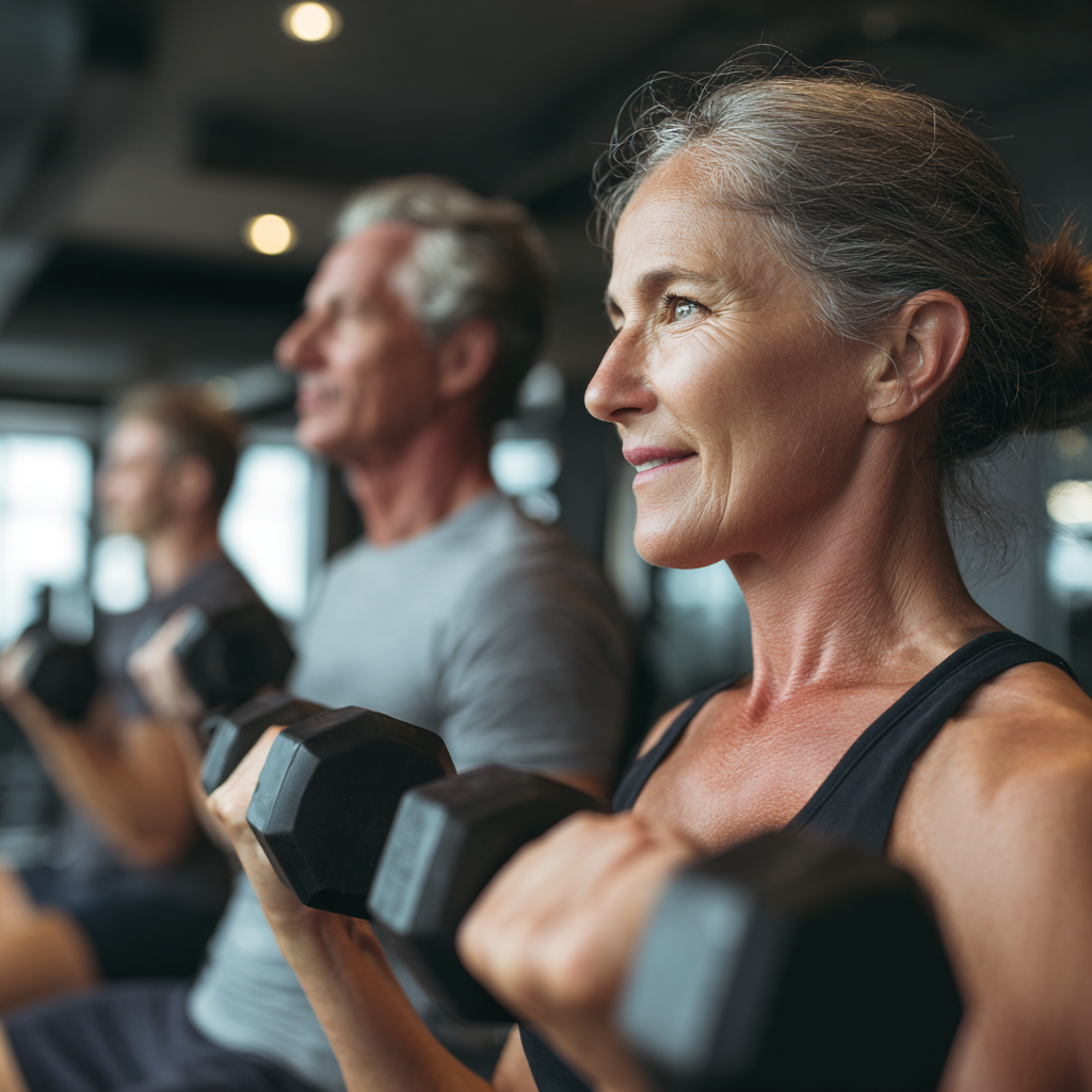 Middle-aged adults doing strength training exercises in a modern fitness facility