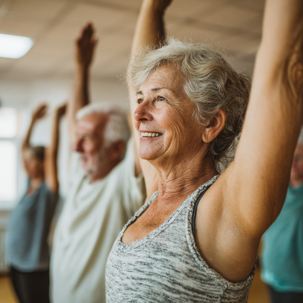 Senior adults participating in a group fitness class with proper form and enthusiasm
